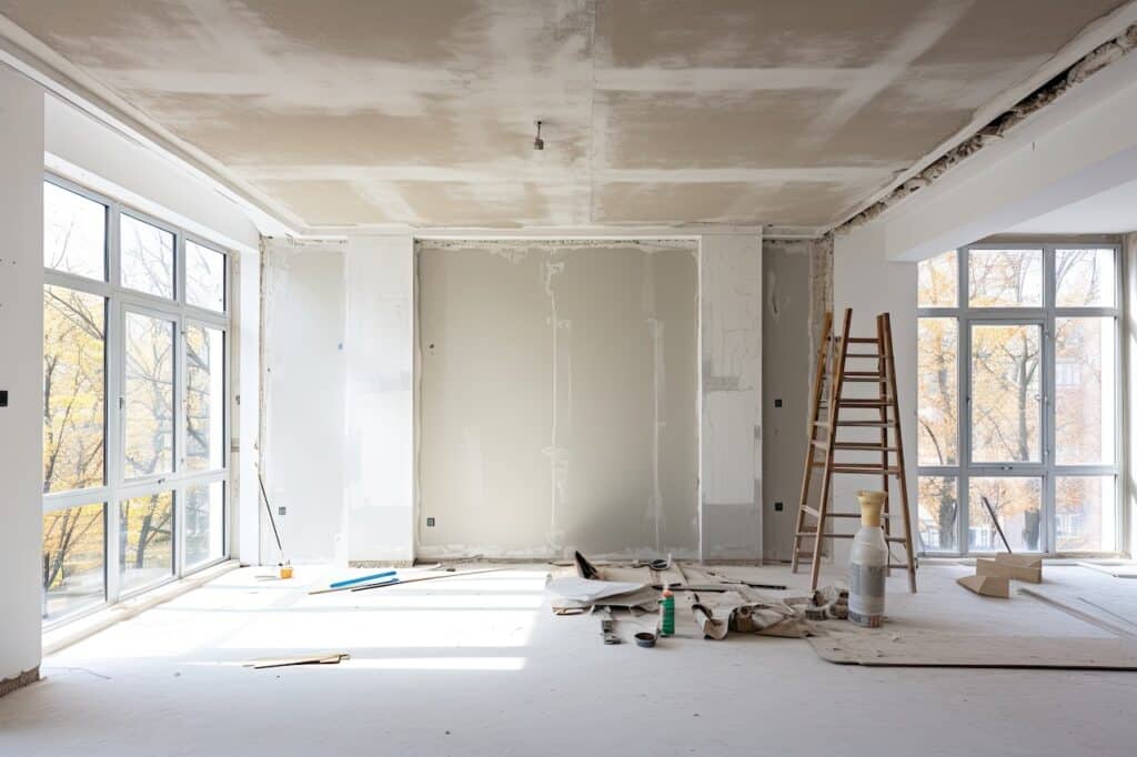 The construction project includes the installation of plasterboard