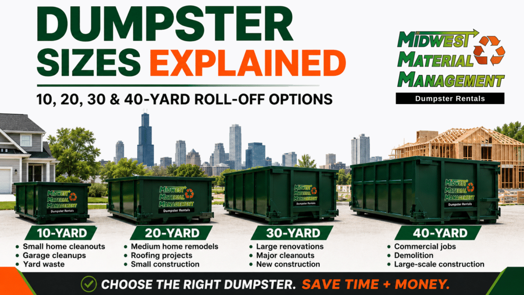 Photos of different dumpster sizes.